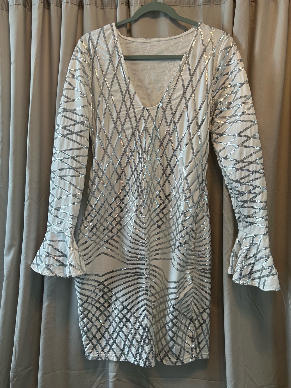 Silver Sequin Long Sleeve V-Neck Dress